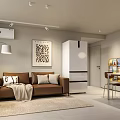 Modern Living Dining Room Interior with Light Colored Cabinets Table Pendant Light TV and Plants