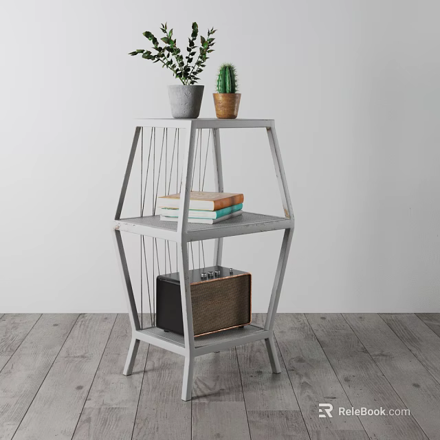 White Multi Tier Shelf Unit With Potted Plants Books And Radio On Wooden Floor 3d model 