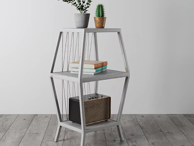 White Multi Tier Shelf Unit With Potted Plants Books And Radio On Wooden Floor 3d model