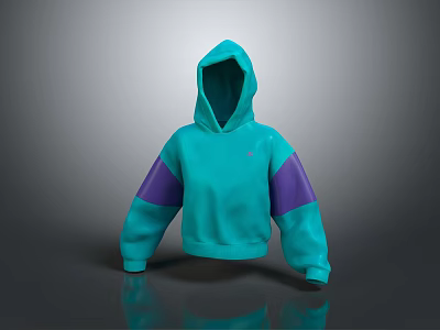 Turquoise Purple Color Block Cropped Hoodie Stylish Casual Fashion Wear 3d model