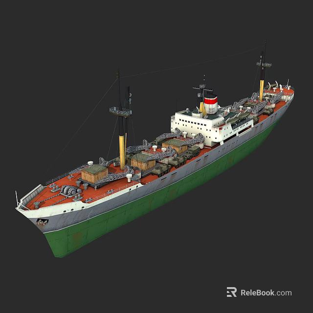 Gray and Green Warship With Orange Deck Turrets Smokestacks and Military Equipment 3d model 