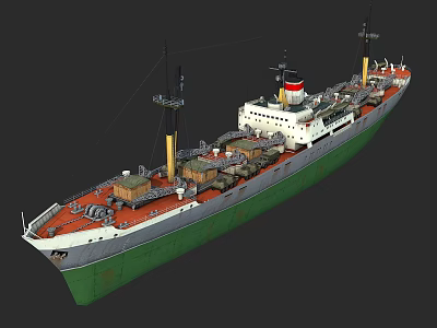 Gray and Green Warship With Orange Deck Turrets Smokestacks and Military Equipment 3d model