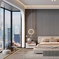 Modern Bedroom Interior Design With Large Bed City View Hanging Lamp Nightstands And Rug
