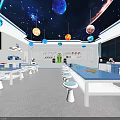 School Modern Science Lab Interior With Starry Sky Ceiling Planet Models Blue Circular Floor And Robot 3d model