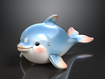 Blue Ceramic Dolphin Figurine With Pink Fins And Glossy Surface On Black Background 3d model