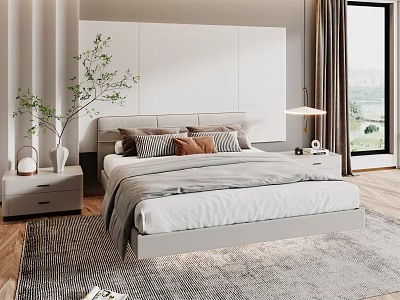 Modern Double Bed in Bedroom with Light Gray Headboard Pillows Nightstands and Green Plant 3d model