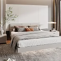 Modern Double Bed in Bedroom with Light Gray Headboard Pillows Nightstands and Green Plant