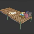 Rustic Long Wooden Platform With Wicker Baskets And Storage Items 3d model