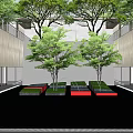 Modern Garden Landscape Covered Entrance With High Rise Buildings Green Plants And Lawn