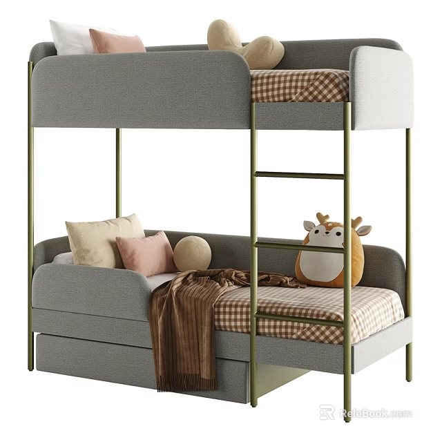 Stylish Soft Upholstered Children Bunk Bed With Golden Metal Frame Ladder And Bottom Storage Drawers 3d model 