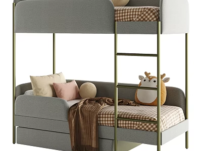 Stylish Soft Upholstered Children Bunk Bed With Golden Metal Frame Ladder And Bottom Storage Drawers 3d model