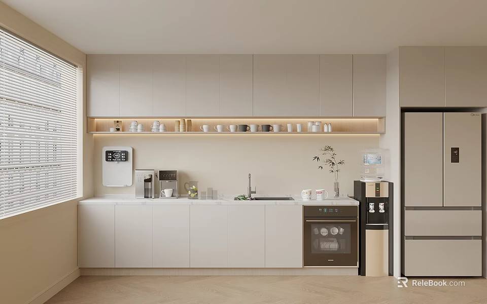 Modern Pantry with White Cabinets LED Strip Lighting Coffee Machine Water Dispenser Microwave Window Blinds 3d model 