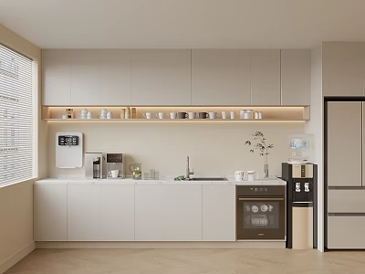 Modern Pantry with White Cabinets LED Strip Lighting Coffee Machine Water Dispenser Microwave Window Blinds 3d model