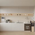 Modern Pantry with White Cabinets LED Strip Lighting Coffee Machine Water Dispenser Microwave Window Blinds