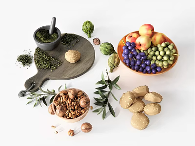 Fresh Assorted Foods With Nuts Fruits Herbs Grapes Olives And Breads 3d model