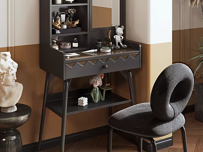 Modern Black Dressing Table With Drawer Shelf And Decorative Accessories Plus Chair 3d model