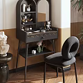 Modern Black Dressing Table With Drawer Shelf And Decorative Accessories Plus Chair