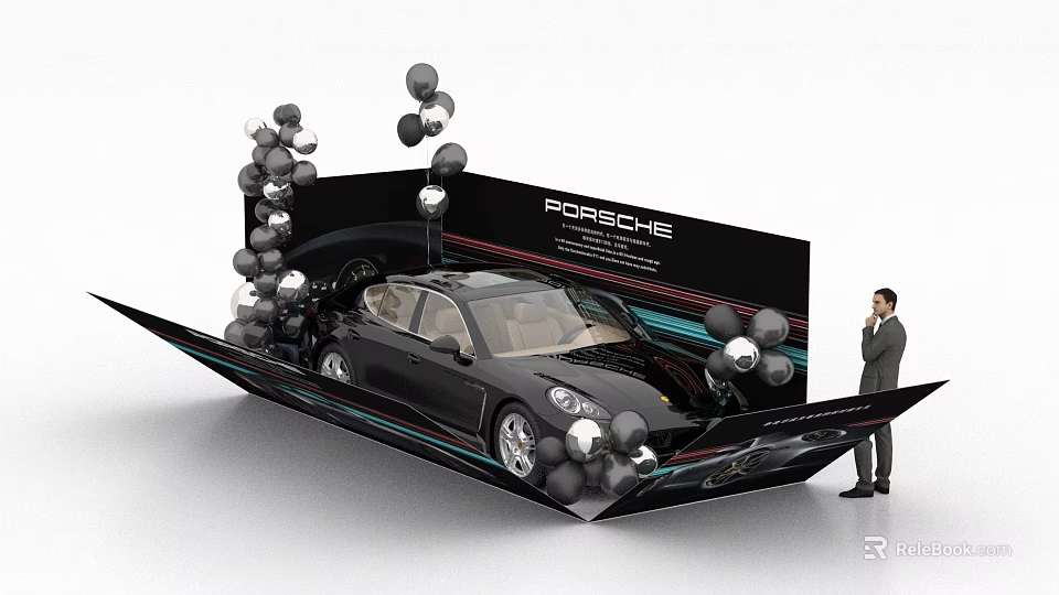 Black Porsche Car Display With Balloons And Man In Suit At Showcase 3d model 