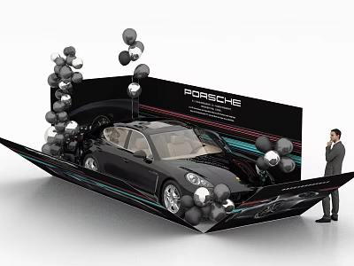 Black Porsche Car Display With Balloons And Man In Suit At Showcase 3d model