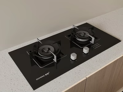 Black Gas Stove With Two Burners On Light Kitchen Countertop And Wooden Cabinets 3d model