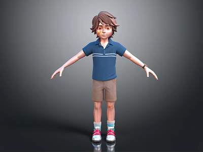 3D Boy Character With Brown Hair Blue Striped Polo Brown Shorts Red Socks Outstretched Arms 3d model