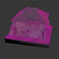 Residential Building Model With Stone Exterior Red And Dark Roof Tiles And Grass Base