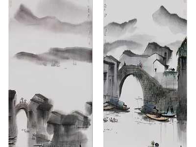 Traditional Chinese Ink Painting Landscape With Misty Mountains Bridge And Boats 3d model