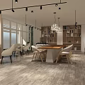 Modern Interior Space With Bookshelves Plants Bar Counter Hanging Lights And White Chairs