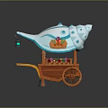 Conch Shaped Wooden Cart With Blue Canopy Hanging Lantern Coral Decor And Small Flower Pots