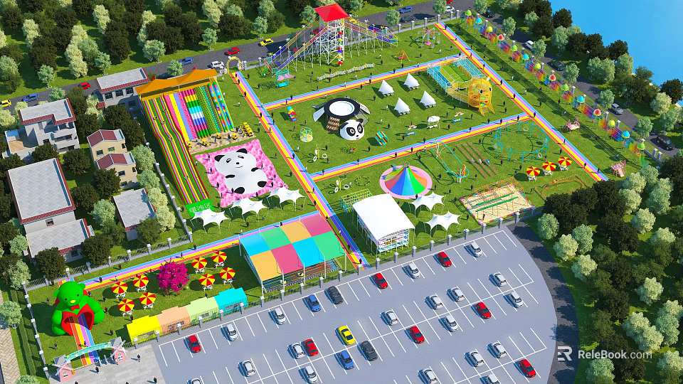 Scenic Amusement Park Featuring Colorful Slides Panda Shaped Rides Green Lawns And Parking Lot 3d model 