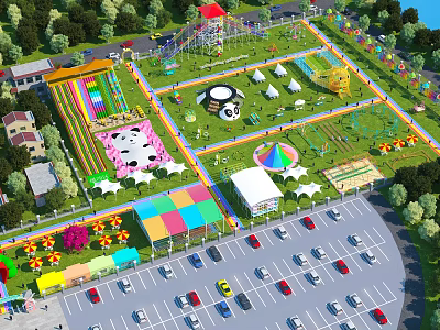 Scenic Amusement Park Featuring Colorful Slides Panda Shaped Rides Green Lawns And Parking Lot 3d model