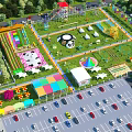 Scenic Amusement Park Featuring Colorful Slides Panda Shaped Rides Green Lawns And Parking Lot