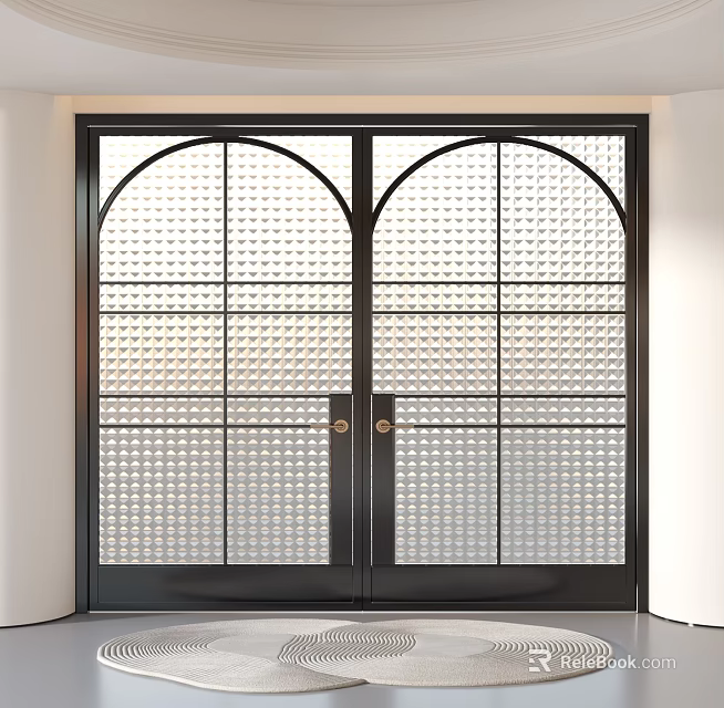 Modern Black Frame Double Doors With Arched Top And Grid Pattern Glass 3d model