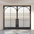 Modern Black Frame Double Doors With Arched Top And Grid Pattern Glass 3d model