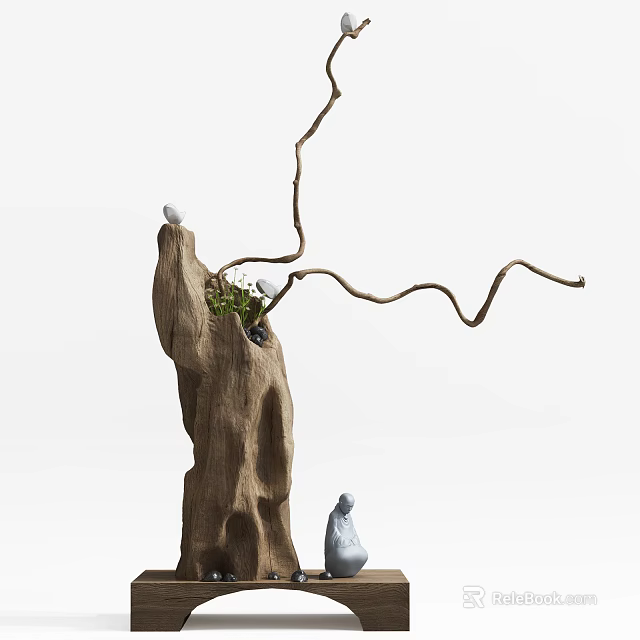 Hand Carved Wooden Sculpture With Tree Stump Shape Twisted Branches And Small White Bird Figures 3d model 