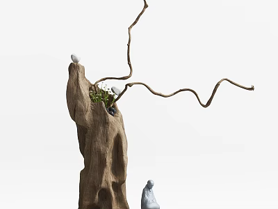 Hand Carved Wooden Sculpture With Tree Stump Shape Twisted Branches And Small White Bird Figures 3d model