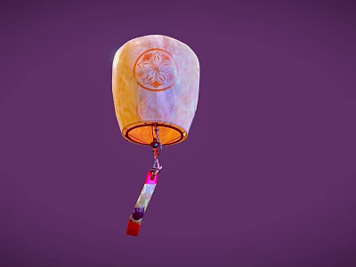 Light Colored Hanging Lantern With Floral Pattern And Decorative Tassel On Purple Background 3d model