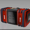 Red Equipment Case With Blue Accents Open Front Compartment And White Upward Arrows