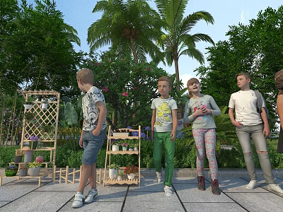 Group of children walking in outdoor garden with palm trees green plants and flower trellis 3d model