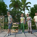 Group of children walking in outdoor garden with palm trees green plants and flower trellis