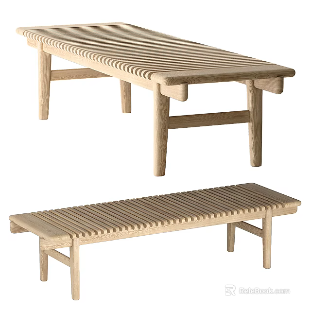 Wooden Public Bench With Slatted Seat And Minimalist Sturdy Design 3d model 