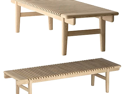 Wooden Public Bench With Slatted Seat And Minimalist Sturdy Design 3d model