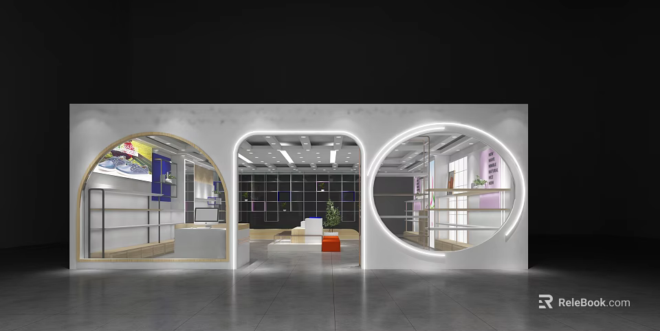 Modern Specialty Store Interior Design With Circular Doorways Shelves And Product Display Lighting 3d model 