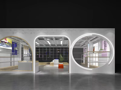 Modern Specialty Store Interior Design With Circular Doorways Shelves And Product Display Lighting 3d model