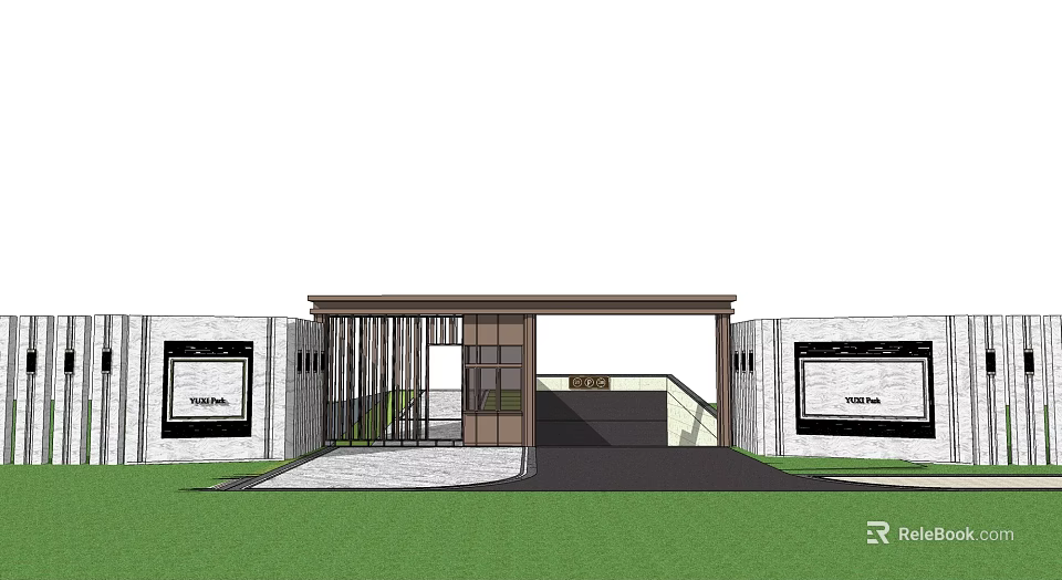 Modern Entrance Gate Design With Metal Grille White Walls And Driveway Lawn 3d model 