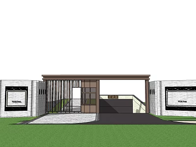 Modern Entrance Gate Design With Metal Grille White Walls And Driveway Lawn 3d model