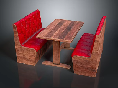 Red Upholstered Public Booth Seats With Wooden Frame And Table Top 3d model