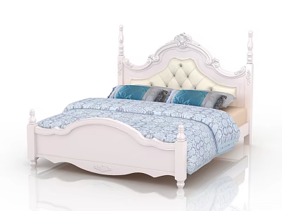 European Style Double Bed With Carved Headboard Pink Frame And Blue Pillows 3d model
