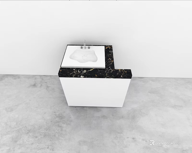 Modern Washbasin Vanity With White Cabinet Black Marble Countertop And Chrome Faucet 3d model 