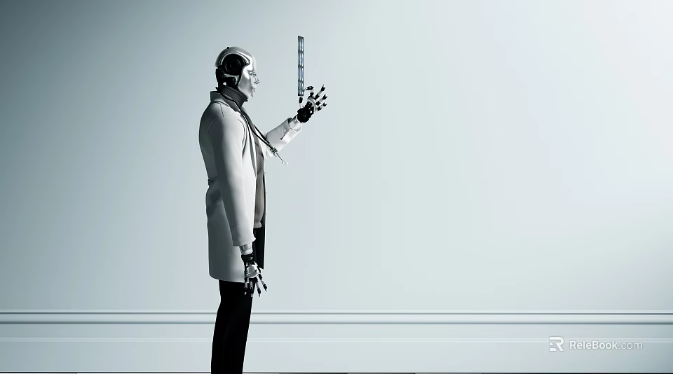 Smart Machine Wearing White Coat Headphones Holding Measuring Tool On Light Background With Horizontal Lines 3d model 